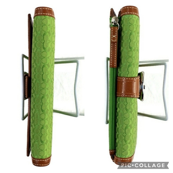 Coach Soho Signature Mini C Green Jacquard Dark Tan Trifold Checkbook Wallet Vtg - Picture 9 of 16